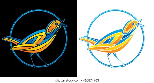 Singing nightingale bird sitting on a tiny branch logo vector illustration. Good for fields as coffee shop, cafeteria, sound and music studios, melody websites and groups, musicians. Empty background.