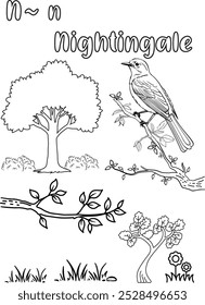 Singing Nightingale on a Tree: Coloring Page