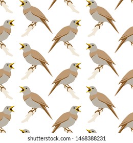 Singing nightingale on a twig. Vector flat seamless pattern