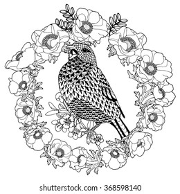 Singing nightingale sitting on blowing apple branch in anemone flower wreath, spring zentangle vector design for colouring book. Black and white.