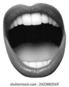 singing open mouth with lips teeth isolated on white background retro halftone grunge collage cut-out element for mixed media vintage dotted texture pop art style music vocal object