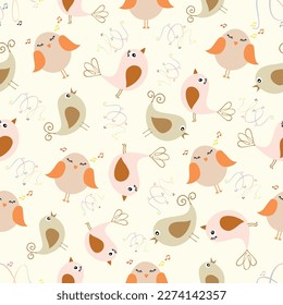 singing orange birds seamless pattern