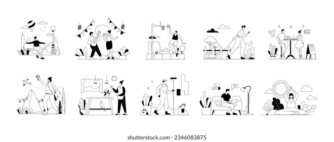 Singing, Paint The House, Working at home, Basketball Sports, Travel, Woman Walking . Life Vectors Illustration Flat