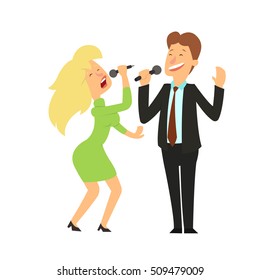 Singing people vector character. young man and a woman singing the song into the microphone. vector illustration.