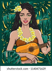 Singing pretty girl playing ukulele guitar. Smiling female in bikini and lei flower necklace enjoying summer vacation. Vector illustration of a beautiful lady with green exotic rain-forest background.