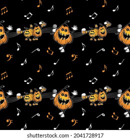 The singing pumpkin. Halloween party. Seamless pattern on a black background.