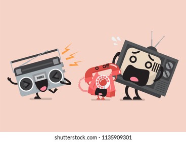 Singing radio character annoying telephone and television. Funny cartoon emoticons
