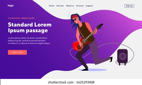 Singing rock star. Long haired rocker playing electric guitar flat vector illustration. Concert, performance, music concept for banner, website design or landing web page
