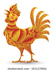 Singing rooster of Chinese Zodiac announcing new year, decorated with big feathers, comb and decorated with lines, flowers and petals in golden and red colors, isolated over white background.