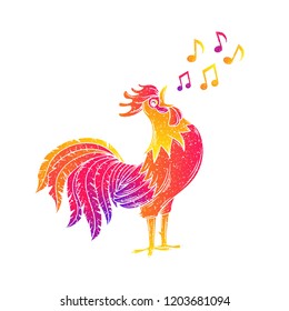Singing rooster, cock. Bird and musical notes. Vector illustration