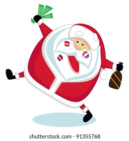 Singing Santa with lipstick marks, money and bottle . Vector