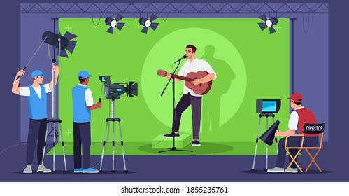 Singing show semi flat vector illustration. New tv series. Television proffesional crew. Media entertainment. Man playing guitar and singing 2D cartoon characters for commercial use