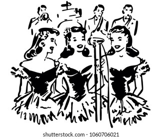 Singing Sisters - Retro Clip Art Illustration