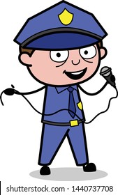 Singing a Song in a Concert - Retro Cop Policeman Vector Illustration