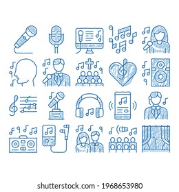 Singing Song Elements sketch icon vector. Hand drawn blue doodle line art Singer And Musical Notes, Microphone And Headphones, Concert, Opera And Singing In Karaoke Illustrations