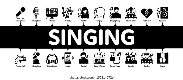 Singing Song Minimal Infographic Web Banner Vector. Singer And Musical Notes, Microphone And Headphones, Concert, Opera And Singing In Karaoke Concept Linear Pictograms. Contour Illustrations