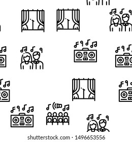 Singing Song Seamless Pattern Vector Linear Pictograms. Black Contour Illustrations