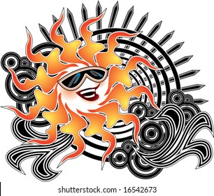 singing sun in shades with rays waves and bubble abstracts vector illustration