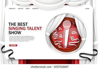 Singing talent show landing page design, website banner template. Vector illustration in paper art style. Tv talent show, vocal contest, music concert.