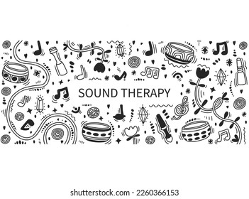 Singing therapy doodle card. Tibetan bowls, wooden sticks, musical notes. Music visualization doodle. Healing therapy card. Sound healing for balance and a clear mind. Meditation card. Sound bath.