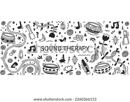 Singing therapy doodle card. Tibetan bowls, wooden sticks, musical notes. Music visualization doodle. Healing therapy card. Sound healing for balance and a clear mind. Meditation card. Sound bath.