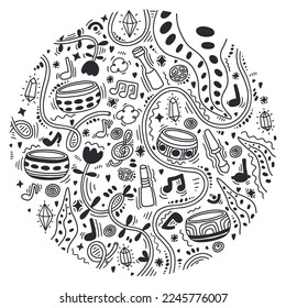 Singing therapy doodle in circle. Tibetan bowls, wooden sticks, musical notes. Music visualization doodle. Healing therapy round. Sound healing for balance and a clear mind. Meditation.