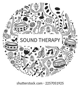 Singing therapy doodle in circle. Tibetan bowls, wooden sticks, musical notes. Music visualization doodle. Healing therapy round. Sound healing for balance and a clear mind. Meditation. Sound bath