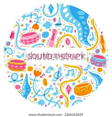 Singing therapy doodle in circle. Tibetan bowls, wooden sticks, musical notes. Music visualization doodle. Healing therapy round. Sound healing for balance and a clear mind. Meditation. Sound bath