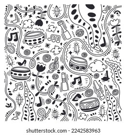 Juego de doodles de la terapia de canto. Cuencos tibetanos haciendo sonido, palos de madera, elementos de meditación. Visualización musical. Equipo de terapia curativa. Una sanación sólida para el equilibrio y una mente clara.  Nueva forma de meditación