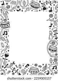 Singing therapy doodle set. Tibetan bowls, wooden sticks, musical notes. Music visualization doodle. Healing therapy card. Sound healing for balance and a clear mind. Meditation card. Sound bath.