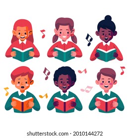 Сhildren singing together. School, kindergarten group children sing.  Teen chorus. Church christmas choir. Boys and girl singer. Melody rhythm education. Child friendship. Song vector illustration.