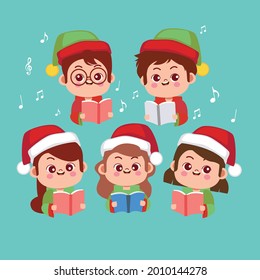 Сhildren singing together. School, kindergarten group children sing.  Teen chorus. Church christmas choir. Boys and girl singer. Melody rhythm education. Child friendship. Song vector illustration.