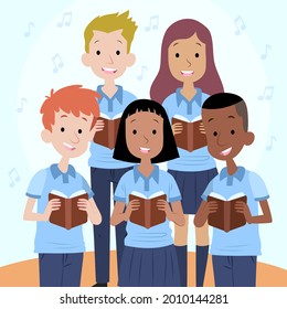 Сhildren singing together. School, kindergarten group children sing.  Teen chorus. Church christmas choir. Boys and girl singer. Melody rhythm education. Child friendship. Song vector illustration.