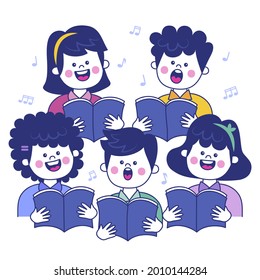 Сhildren Singing Together. School, Kindergarten Group Children Sing.  Teen Chorus. Church Christmas Choir. Boys And Girl Singer. Melody Rhythm Education. Child Friendship. Song Vector Illustration.