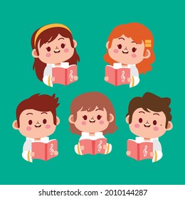 Сhildren singing together. School, kindergarten group children sing.  Teen chorus. Church christmas choir. Boys and girl singer. Melody rhythm education. Child friendship. Song vector illustration.