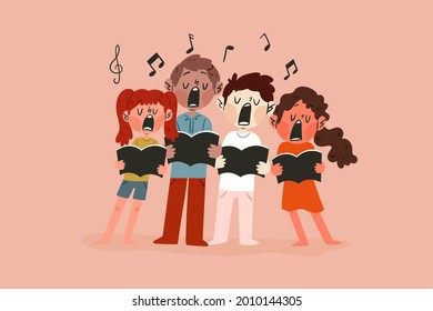 Сhildren singing together. School, kindergarten group children sing.  Teen chorus. Church christmas choir. Boys and girl singer. Melody rhythm education. Child friendship. Song vector illustration.