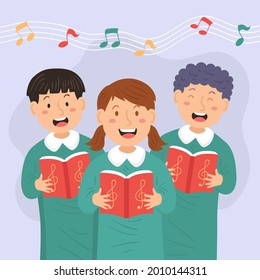 Сhildren singing together. School, kindergarten group children sing.  Teen chorus. Church christmas choir. Boys and girl singer. Melody rhythm education. Child friendship. Song vector illustration.