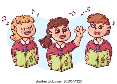 Сhildren singing together. School, kindergarten group children sing.  Teen chorus. Church christmas choir. Boys and girl singer. Melody rhythm education. Child friendship. Song vector illustration.