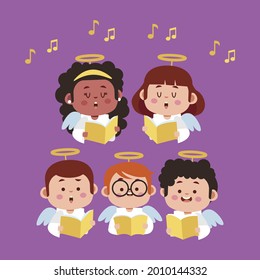 Сhildren singing together. School, kindergarten group children sing.  Teen chorus. Church christmas choir. Boys and girl singer. Melody rhythm education. Child friendship. Song vector illustration.