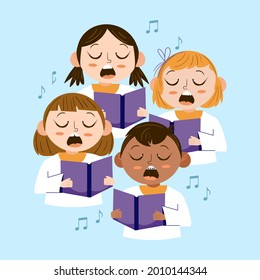Сhildren singing together. School, kindergarten group children sing.  Teen chorus. Church christmas choir. Boys and girl singer. Melody rhythm education. Child friendship. Song vector illustration.