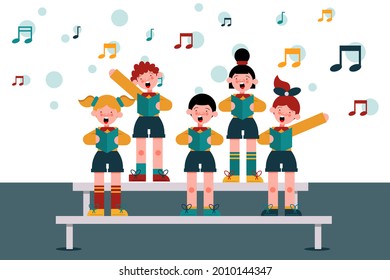 Сhildren singing together. School, kindergarten group children sing.  Teen chorus. Church christmas choir. Boys and girl singer. Melody rhythm education. Child friendship. Song vector illustration.