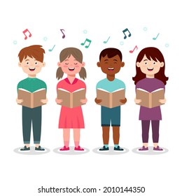 Сhildren singing together. School, kindergarten group children sing.  Teen chorus. Church christmas choir. Boys and girl singer. Melody rhythm education. Child friendship. Song vector illustration.
