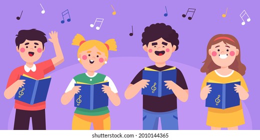 Сhildren singing together. School, kindergarten group children sing.  Teen chorus. Church christmas choir. Boys and girl singer. Melody rhythm education. Child friendship. Song vector illustration.