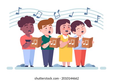 Сhildren Singing Together. School, Kindergarten Group Children Sing.  Teen Chorus. Church Christmas Choir. Boys And Girl Singer. Melody Rhythm Education. Child Friendship. Song Vector Illustration.