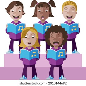 Сhildren singing together. School, kindergarten group children sing.  Teen chorus. Church christmas choir. Boys and girl singer. Melody rhythm education. Child friendship. Song vector illustration.