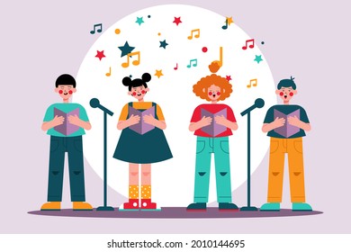 Сhildren singing together. School, kindergarten group children sing.  Teen chorus. Church christmas choir. Boys and girl singer. Melody rhythm education. Child friendship. Song vector illustration.