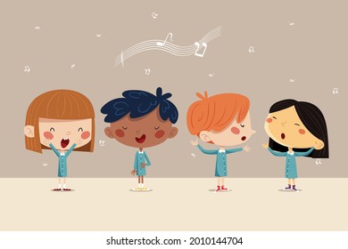 Сhildren singing together. School, kindergarten group children sing.  Teen chorus. Church christmas choir. Boys and girl singer. Melody rhythm education. Child friendship. Song vector illustration.