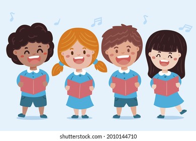 Сhildren singing together. School, kindergarten group children sing.  Teen chorus. Church christmas choir. Boys and girl singer. Melody rhythm education. Child friendship. Song vector illustration.