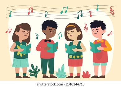 Сhildren singing together. School, kindergarten group children sing.  Teen chorus. Church christmas choir. Boys and girl singer. Melody rhythm education. Child friendship. Song vector illustration.