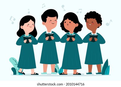 Сhildren singing together. School, kindergarten group children sing.  Teen chorus. Church christmas choir. Boys and girl singer. Melody rhythm education. Child friendship. Song vector illustration.